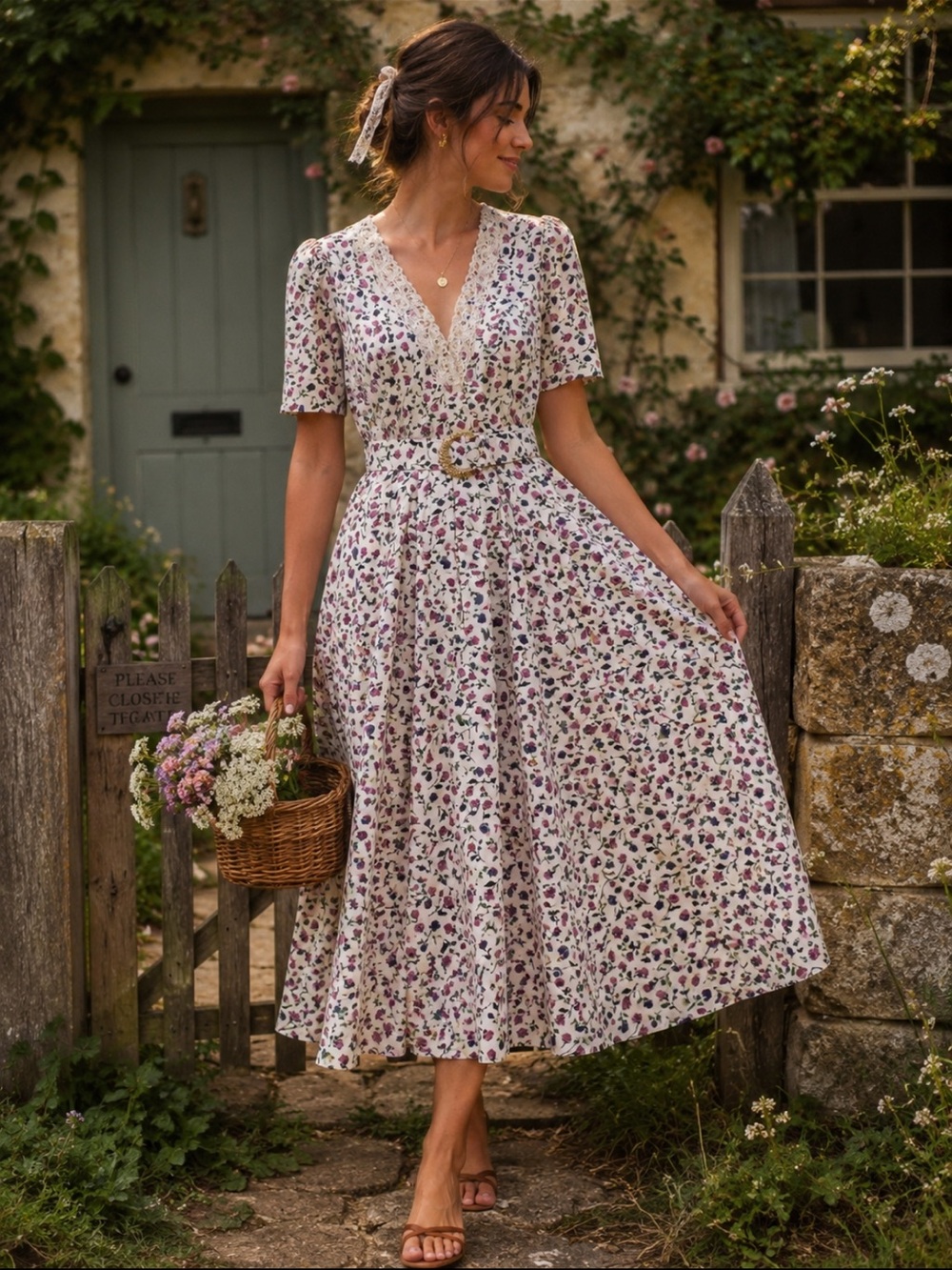Vintage Floral Maxi Dress Cottagecore Romantic Prairie Lace Trim Belted Dress 14